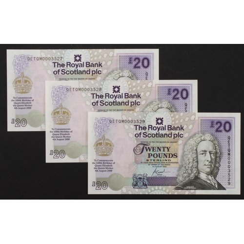 474 - Scotland, Royal Bank of Scotland 20 Pounds (3) dated 4th August 2000, Commemorative 100th Birthday o... 