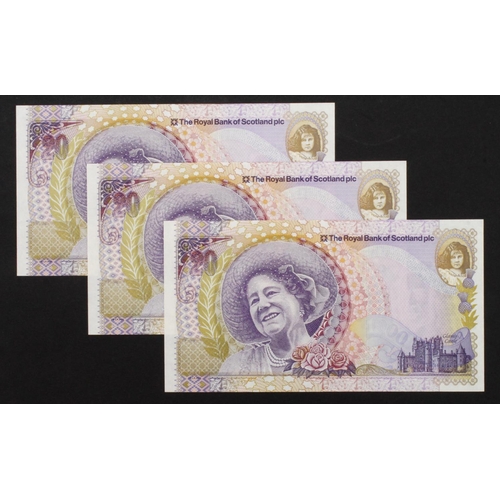 474 - Scotland, Royal Bank of Scotland 20 Pounds (3) dated 4th August 2000, Commemorative 100th Birthday o... 