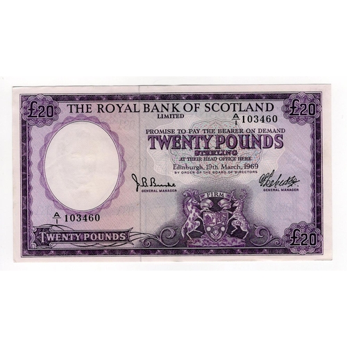 476 - Scotland, Royal Bank of Scotland 20 Pounds dated 19th March 1969, signed Robertson & Burke, serial A... 