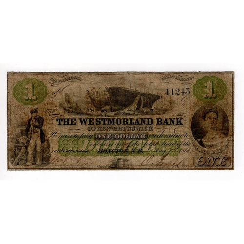 550 - Canada Westmorland Bank of New Brunswick 1 Dollar dated 1861, serial 11245, dirty, limp, VG+ and sca... 