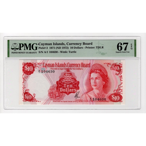 555 - Cayman Islands 10 Dollars dated 1971, serial A/1 104630 (TBB B103a, Pick3) in PMG holder graded 67 E... 