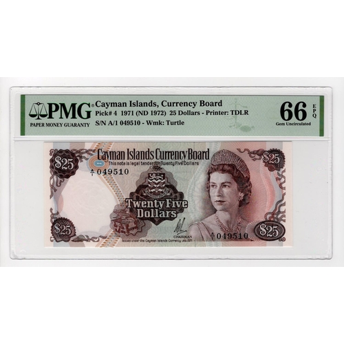 556 - Cayman Islands 25 Dollars dated 1971, serial A/1 049510 (TBB B104a, Pick4) in PMG holder graded 66 E... 