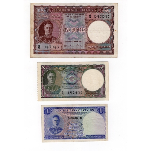 558 - Ceylon (3), a group of King George VI notes, 5 Rupees dated 19th September 1942, 1 Rupee dated 1st F... 