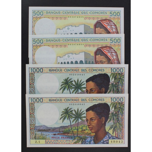 578 - Comores (4), 1000 Francs issued 1984 (2) and 500 Francs issued 1986 (2), 2 x consecutively numbered ... 