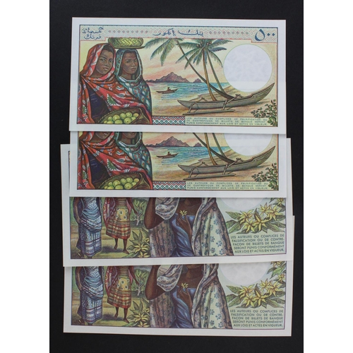 578 - Comores (4), 1000 Francs issued 1984 (2) and 500 Francs issued 1986 (2), 2 x consecutively numbered ... 