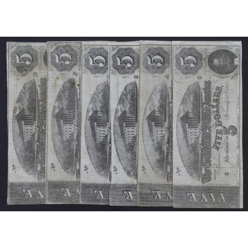 579 - Confederate States of America 5 Dollars (6) all dated February 17th 1864 (Pick67) generally Fine/Fin... 