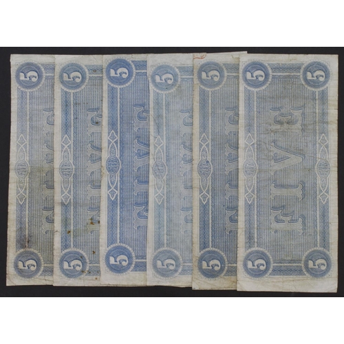 579 - Confederate States of America 5 Dollars (6) all dated February 17th 1864 (Pick67) generally Fine/Fin... 