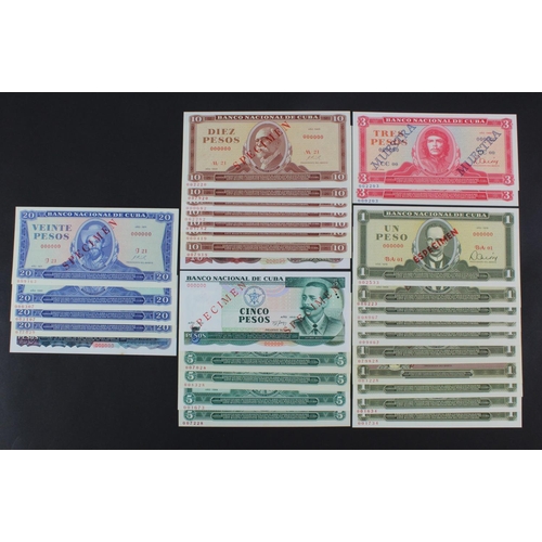 581 - Cuba (30), a good group of SPECIMEN notes, 1 Peso (10), 3 Pesos (2), 5 Pesos (5), 10 Pesos (8) and 2... 