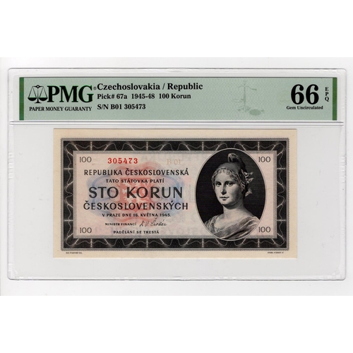 588 - Czechoslovakia 100 Korun dated 16th May 1945, serial B01 305473 (TBB B146a, Pick67a) in PMG holder g... 