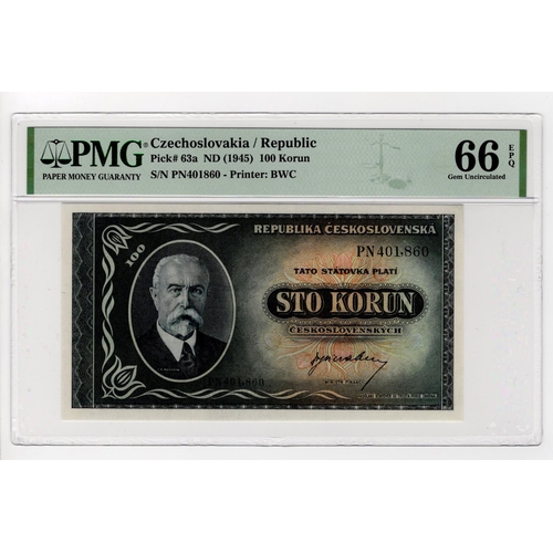 589 - Czechoslovakia 100 Korun dated issued 1945, serial PN 401860 (TBB B142a, Pick63a) in PMG holder grad... 