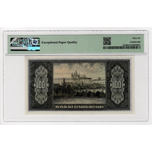 589 - Czechoslovakia 100 Korun dated issued 1945, serial PN 401860 (TBB B142a, Pick63a) in PMG holder grad... 