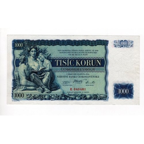 591 - Czechoslovakia 1000 Korun dated 25th May 1934, serial E 040481 (TBB B207a, Pick26a) about EF