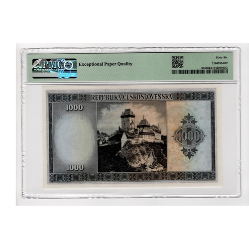 592 - Czechoslovakia 1000 Korun issued 1945, serial BE 176866 (TBB B144a, Pick65) in PMG holder graded 66 ... 