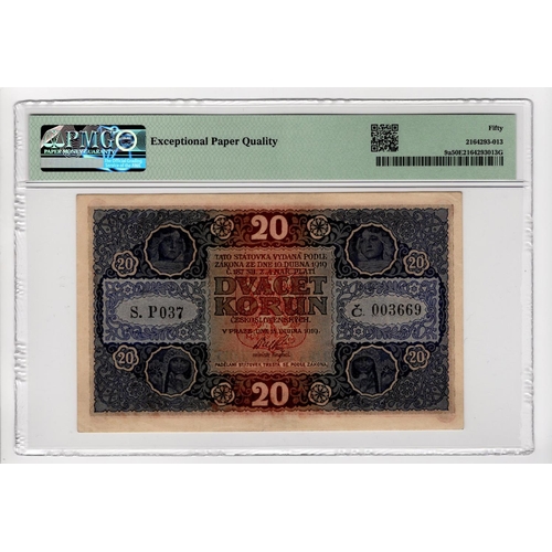 594 - Czechoslovakia 20 Korun dated 15th April 1919, serial S. P037 003669 (TBB B110a, Pick9a) in PMG hold... 