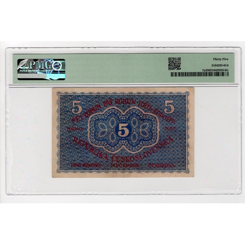 595 - Czechoslovakia 5 Korun dated 15th April 1919, serial no. 0061 (TBB B108a, Pick7a) in PMG holder grad... 