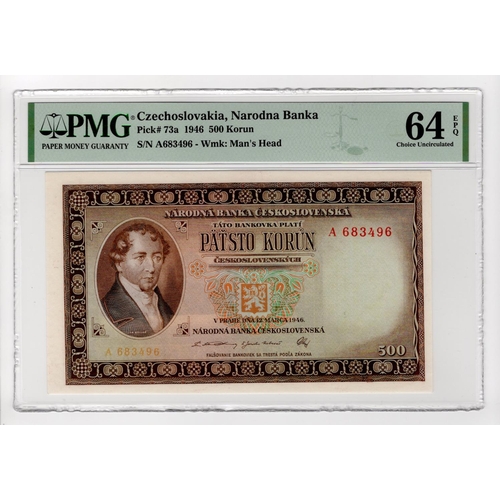 597 - Czechoslovakia 500 Korun dated 12th March 1946, serial A 683496 (TBB B208a, Pick73a) in PMG holder g... 