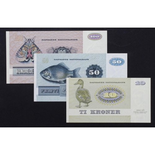 601 - Denmark (3), 100 Kroner dated 1988 (TBB B921n, Pick51r), 50 Kronur dated 1985 (TBB B920g, Pick50g), ... 