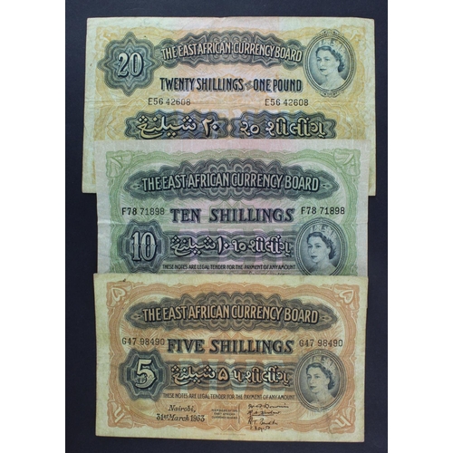 606 - East African Currency Board (3) 20 Shillings or 1 Pound serial E56 42608 (TBB B225c, Pick35), 10 Shi... 