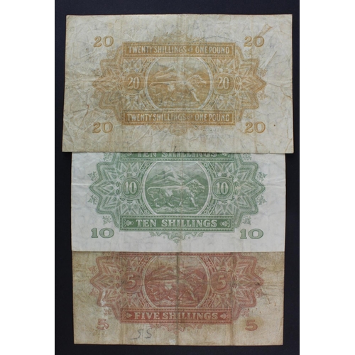 606 - East African Currency Board (3) 20 Shillings or 1 Pound serial E56 42608 (TBB B225c, Pick35), 10 Shi... 