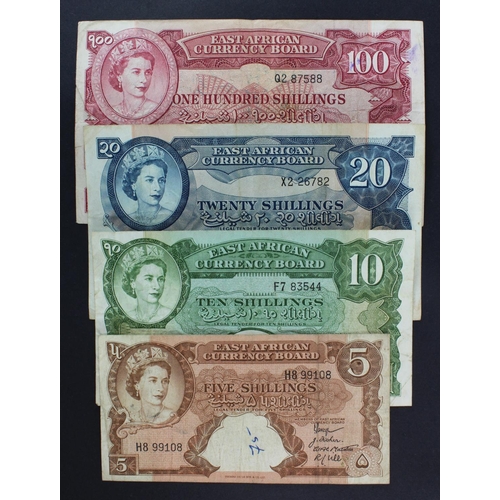 607 - East African Currency Board (4) 100 Shillings serial Q2 87588 (TBB B230a, Pick40a), 20 Shillings ser... 