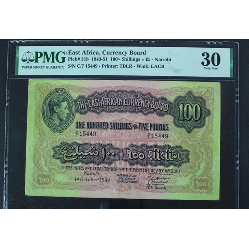 610 - East African Currency Board 100 Shillings or 5 Pounds dated 1st October 1949, portrait King George V... 