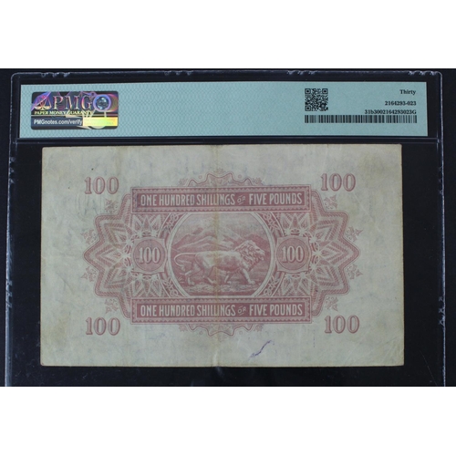 610 - East African Currency Board 100 Shillings or 5 Pounds dated 1st October 1949, portrait King George V... 