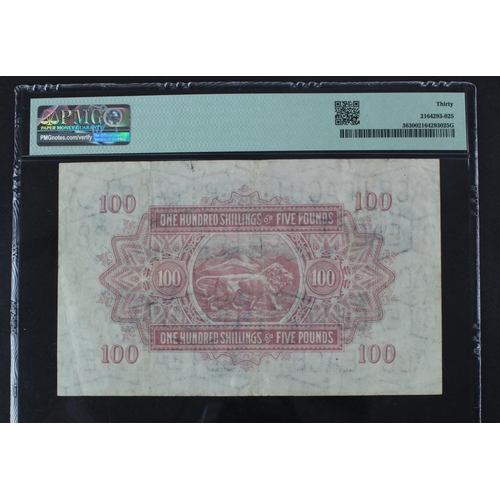 611 - East African Currency Board 100 Shillings or 5 Pounds dated 31st March 1953, portrait Queen Elizabet... 