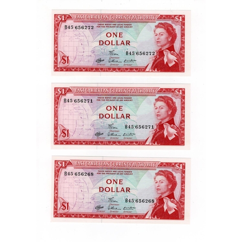 615 - East Caribbean 1 Dollar (3) issued 1965, signature 7, a consecutively numbered pair plus one other, ... 