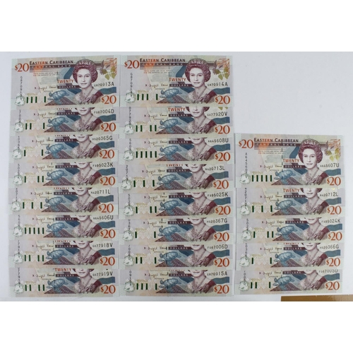 617 - East Caribbean 20 Dollars (21) issued 2000, 3 x consecutively numbered sets of 7 different suffixes,... 