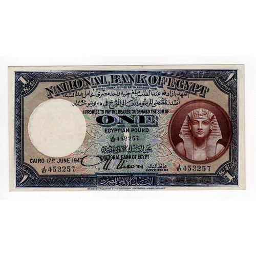 619 - Egypt 1 Pound dated 17th June 1943, signed Nixon, serial J/67 453257 (TBB B121c, Pick22c) about EF