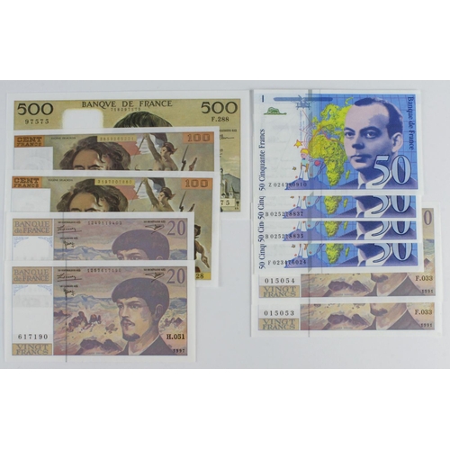 633 - France (10), an Uncirculated group, 500 Francs dated 1989, 100 Francs (2) dated 1988 & 1989, 50 Fran... 