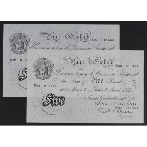 64 - Beale 5 Pounds (B270) dated 7th March 1952 (2), a consecutively numbered pair, serial X22 011450 & X... 