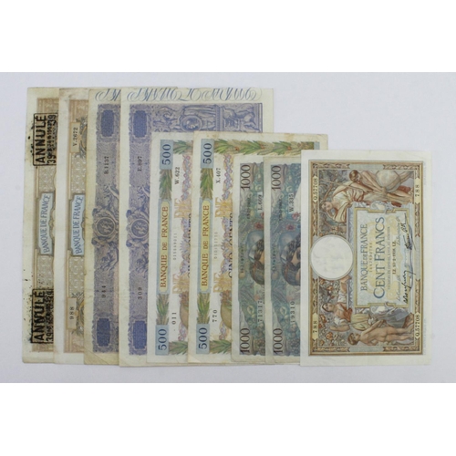 642 - France (9), a collection of large notes comprising 1000 Francs (2) dated 1914 & 1917 (Pick67g), 1000... 