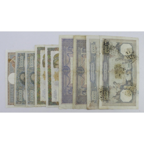 642 - France (9), a collection of large notes comprising 1000 Francs (2) dated 1914 & 1917 (Pick67g), 1000... 