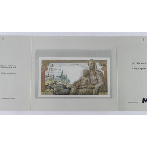 644 - France 1000 Francs dated 11th June 1942, serial V.343 022, in presentation folder Memorial Caen Norm... 