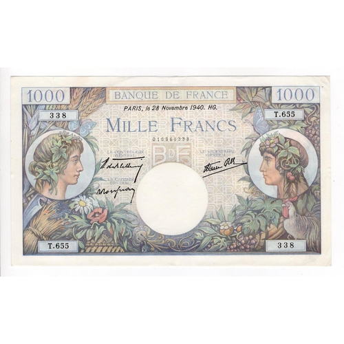 645 - France 1000 Francs dated 28th November 1940, serial T.655 338 (Pick96a) light signs of handling/corn... 