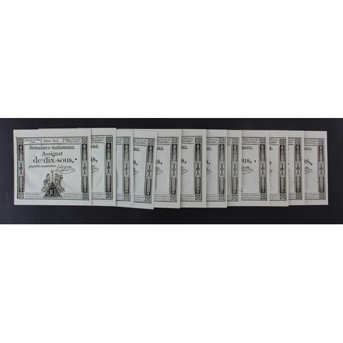 648 - France Assignats (12), 10 Sous dated 23rd May 1793 series 305 (PickA70) one small punched hole in ea... 