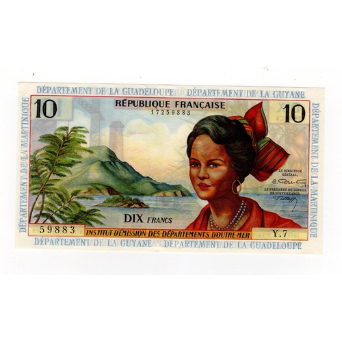 650 - French Antilles 10 Francs issued 1964, signed Postel-Vinay and Clappier, serial Y.7 59883 (TBB B108b... 