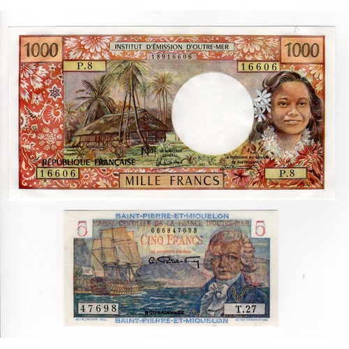 654 - French Colonial (2), Saint Pierre et Miquelon 5 Francs issued 1950 - 1960 (Pick22), Tahiti 1000 Fran... 