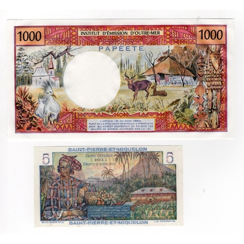 654 - French Colonial (2), Saint Pierre et Miquelon 5 Francs issued 1950 - 1960 (Pick22), Tahiti 1000 Fran... 