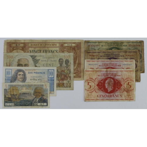 656 - French Colonial (8), French Equatorial Africa 5 Francs (2), 10 Francs and 20 Francs issued 1944, 5 F... 