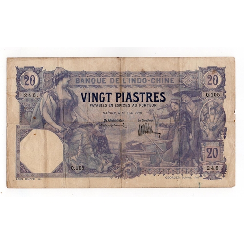 660 - French Indochina 20 Piastres dated 1st August 1920, serial Q.105 246 (TBB B127a, Pick41) pinholes, e... 