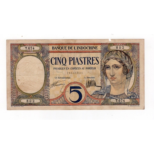 662 - French Indochina 5 Piastres issued 1927 - 1931, signed Simon & Thion, serial T.674 802 (TBB B136b, P... 