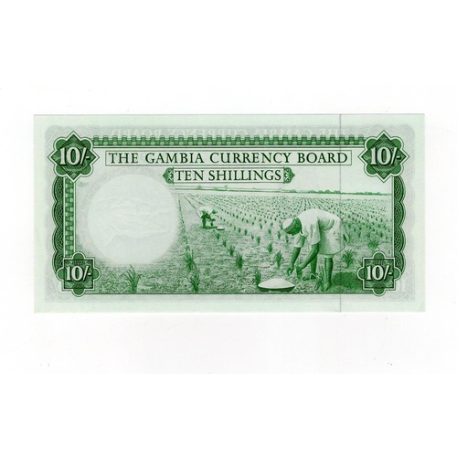 669 - Gambia 10 Shillings issued 1965 - 1970, sailboat at left, serial A300469 (TBB B101a, Pick1a) crisp U... 