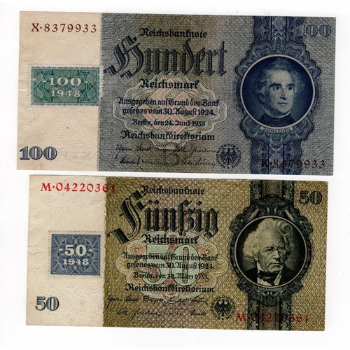 670 - German Democratic Republic (2), 100 Reichsmark & 50 Reichsmark dated 1948, adhesive stamp coupon aff... 