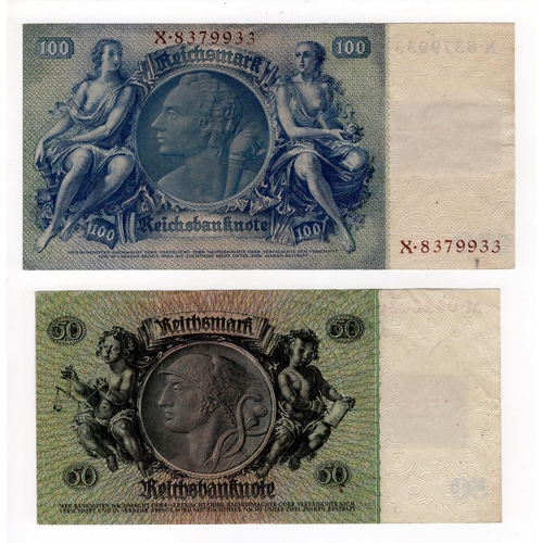 670 - German Democratic Republic (2), 100 Reichsmark & 50 Reichsmark dated 1948, adhesive stamp coupon aff... 