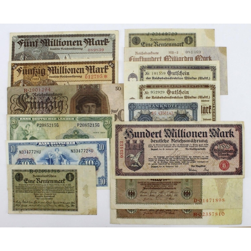 674 - Germany (14), an interesting group of rarer types, 50 Reichsmark dated 1924, 5 Million Mark (2) date... 