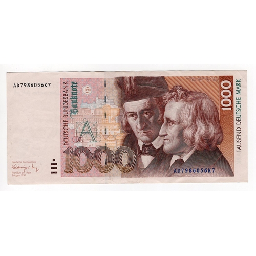 690 - Germany Federal Republic 1000 Deutsche Mark dated 1991, serial AD7986056K7 (TBB B229a, Pick44a) abou... 