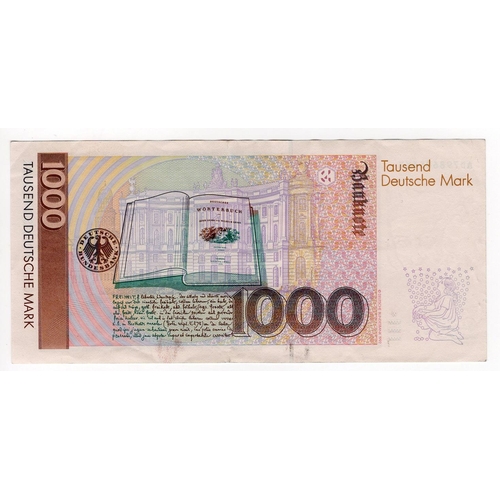 690 - Germany Federal Republic 1000 Deutsche Mark dated 1991, serial AD7986056K7 (TBB B229a, Pick44a) abou... 