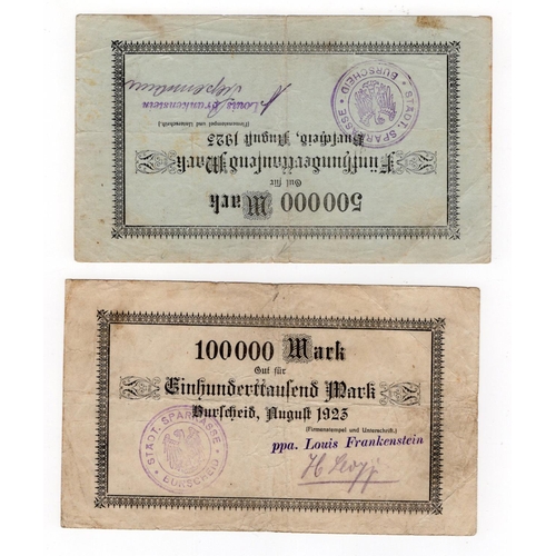 691 - Germany Grossgeld (2) dated 1923, 100000 Mark & 500000 Mark, Stadt Burscheid for Louis Frankenstein ... 